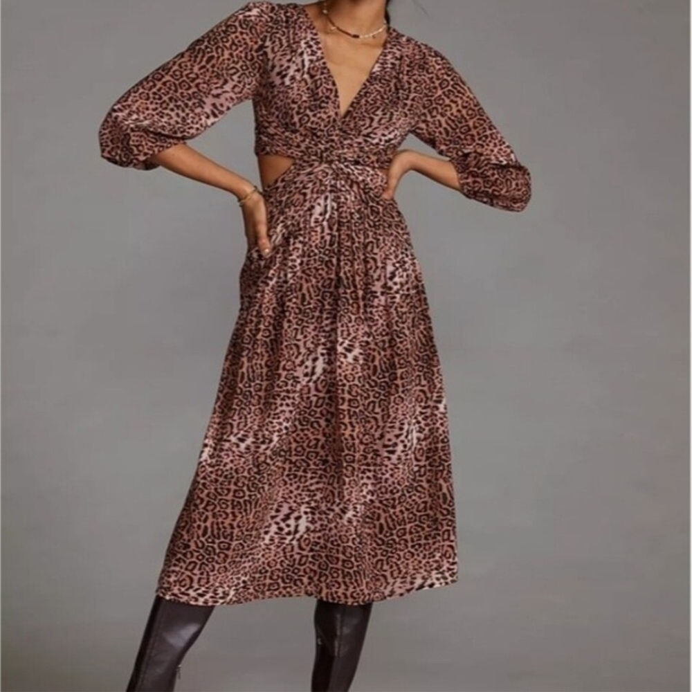 Ranna Gill Anthropologie Leopard Print Cut Out Longsleeve Bold Midi Dress Med